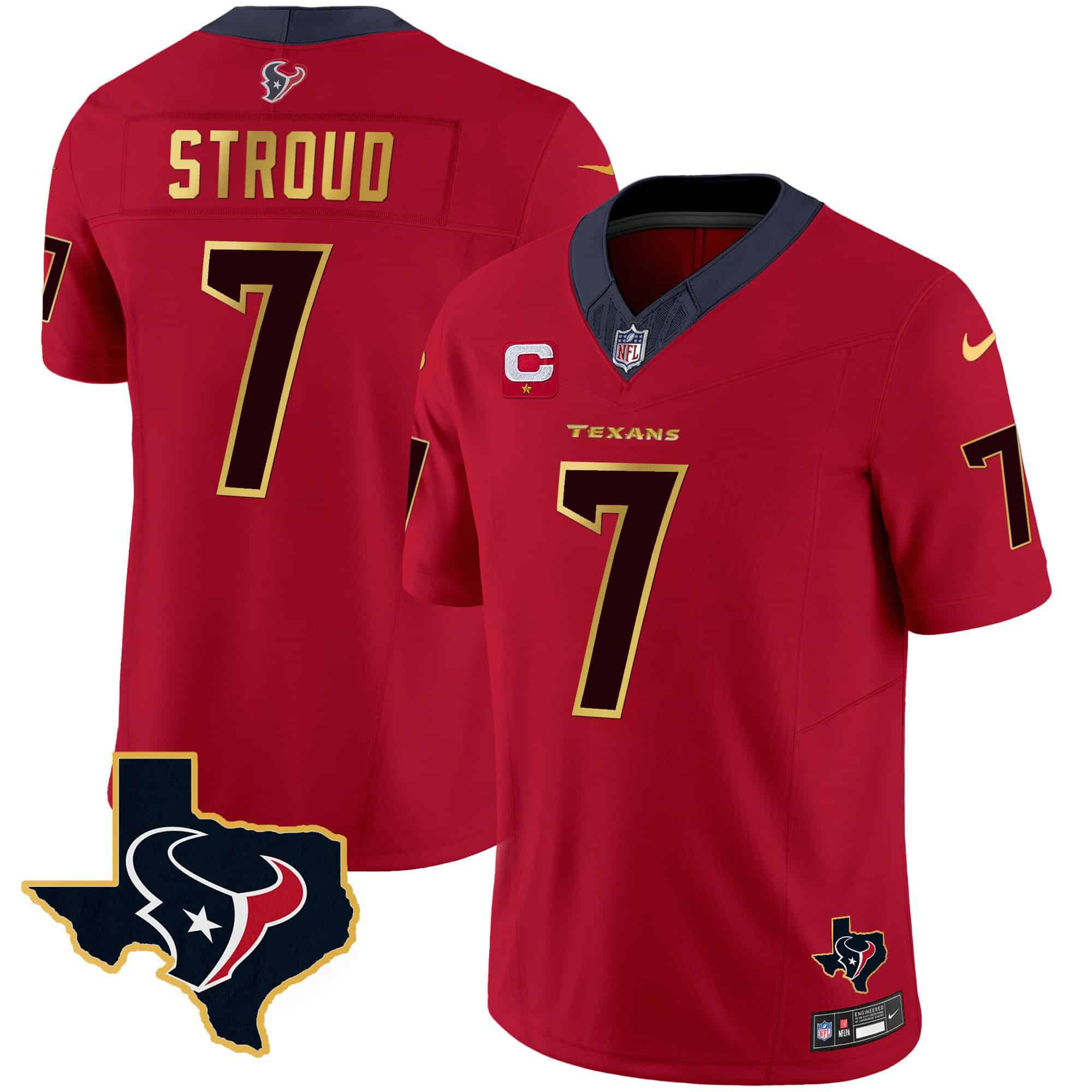 Men Houston Texans #7 Stroud Red Gold 2024 Nike Trim Vapor NFL Jersey